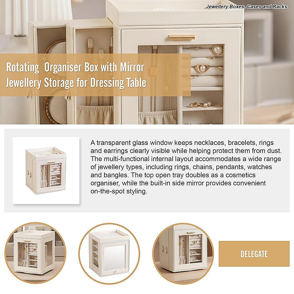 Rotating Jewellery Box with Mirror 360 Swivel Leather Velvet Organizer