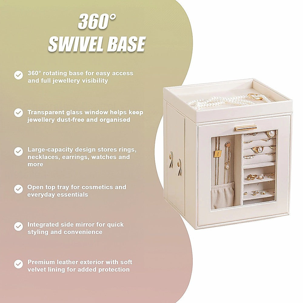 Rotating Jewellery Box with Mirror 360 Swivel Leather Velvet Organizer
