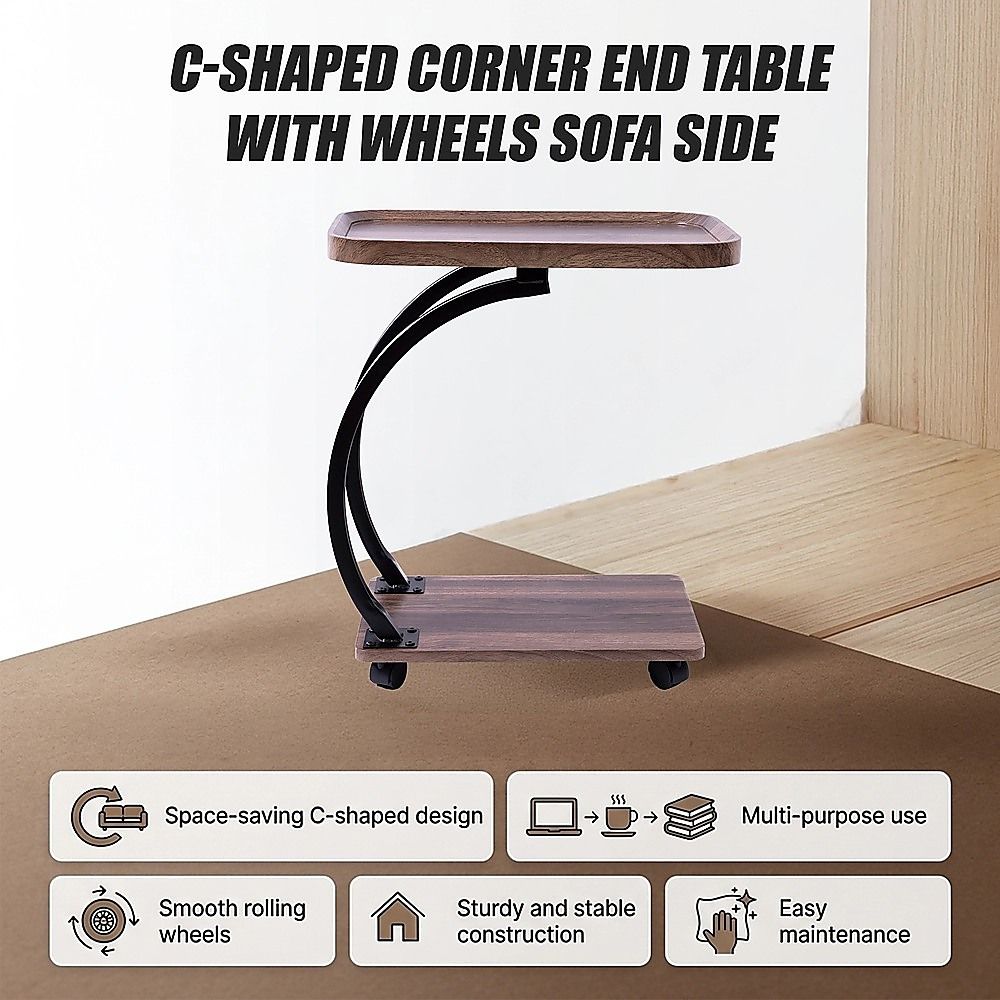C-Shaped Side Table Wheels Sofa End Table | Simpledeals