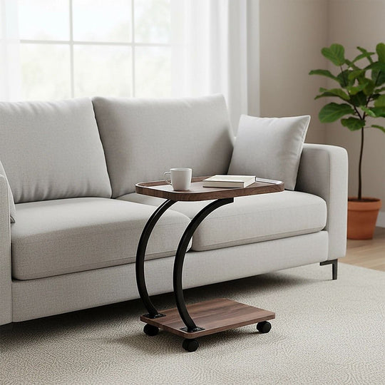 C-Shaped Side Table Wheels Sofa End Table with Furniture