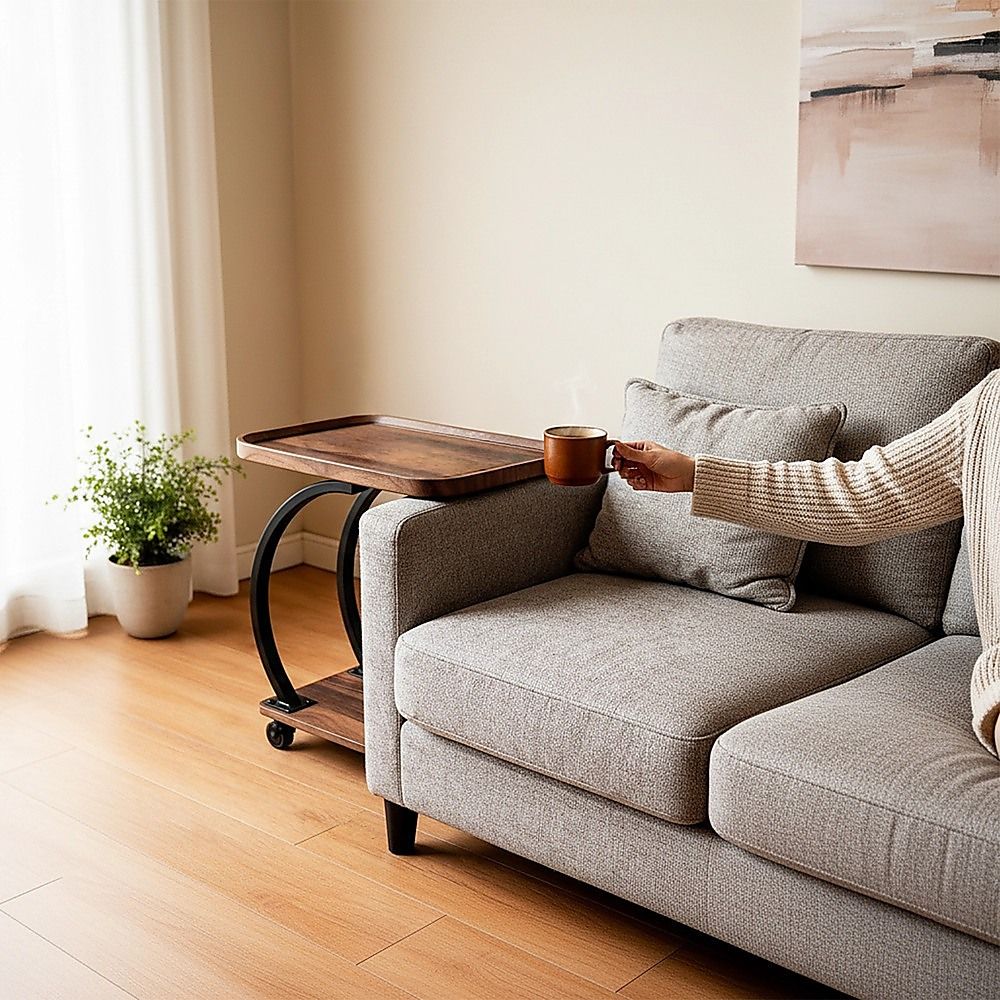 C-Shaped Side Table Wheels Sofa End Table | Simpledeals