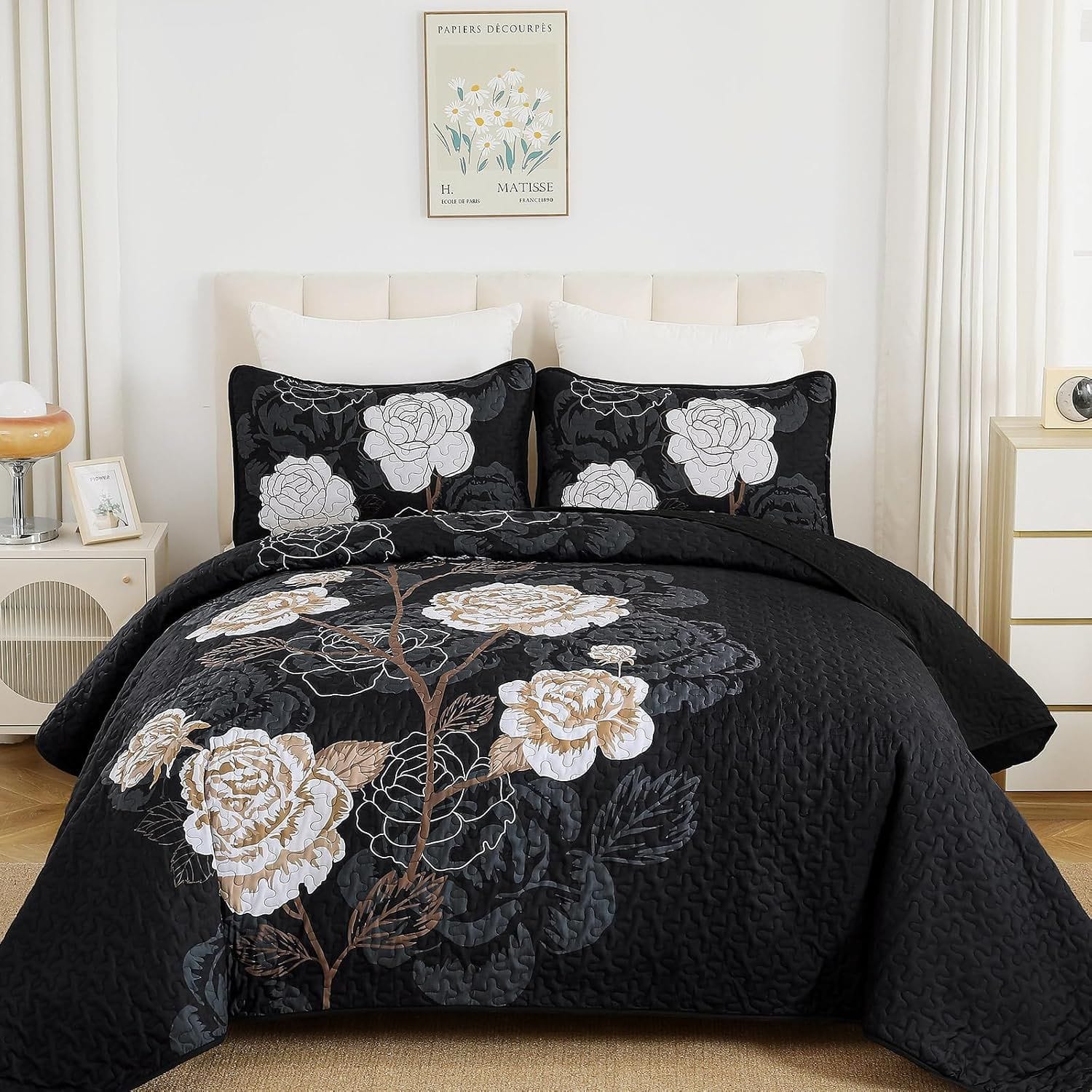 Black Floral Bedspread Set 230x250cm