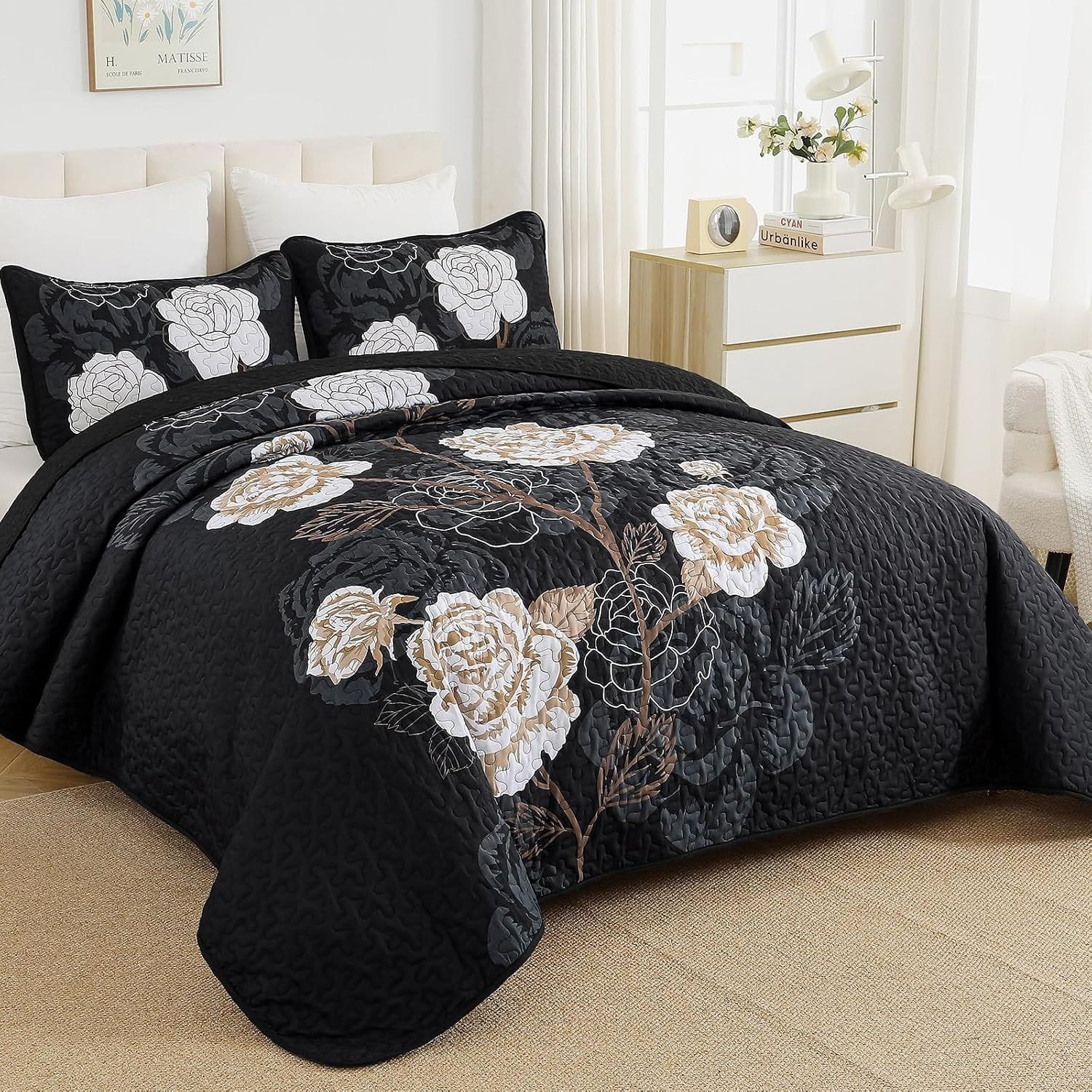 Black Floral Bedspread Set 230x250cm