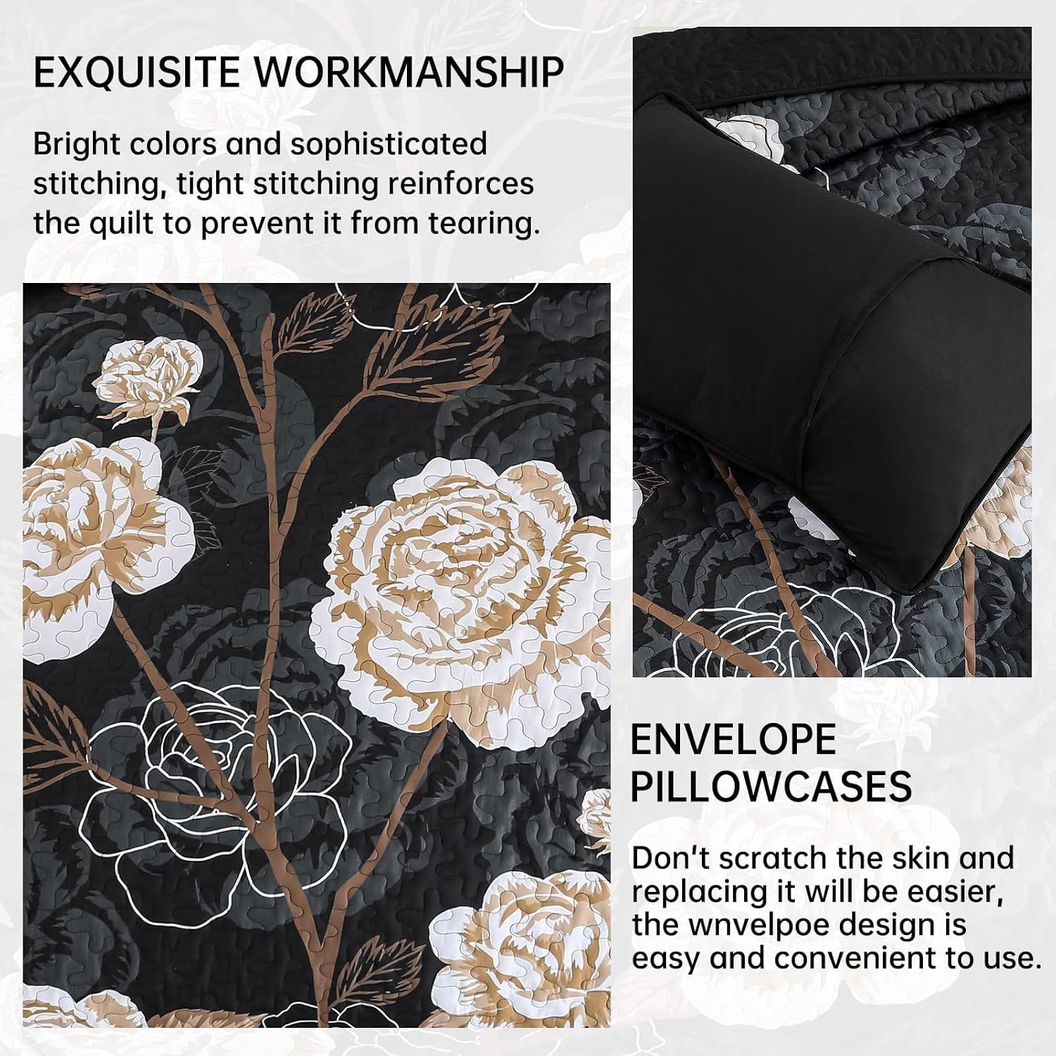 Black Floral Bedspread Set 230x250cm