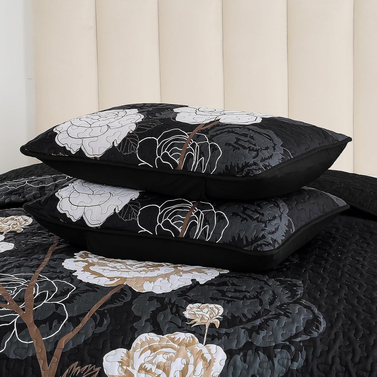 Black Floral Bedspread Set 230x250cm