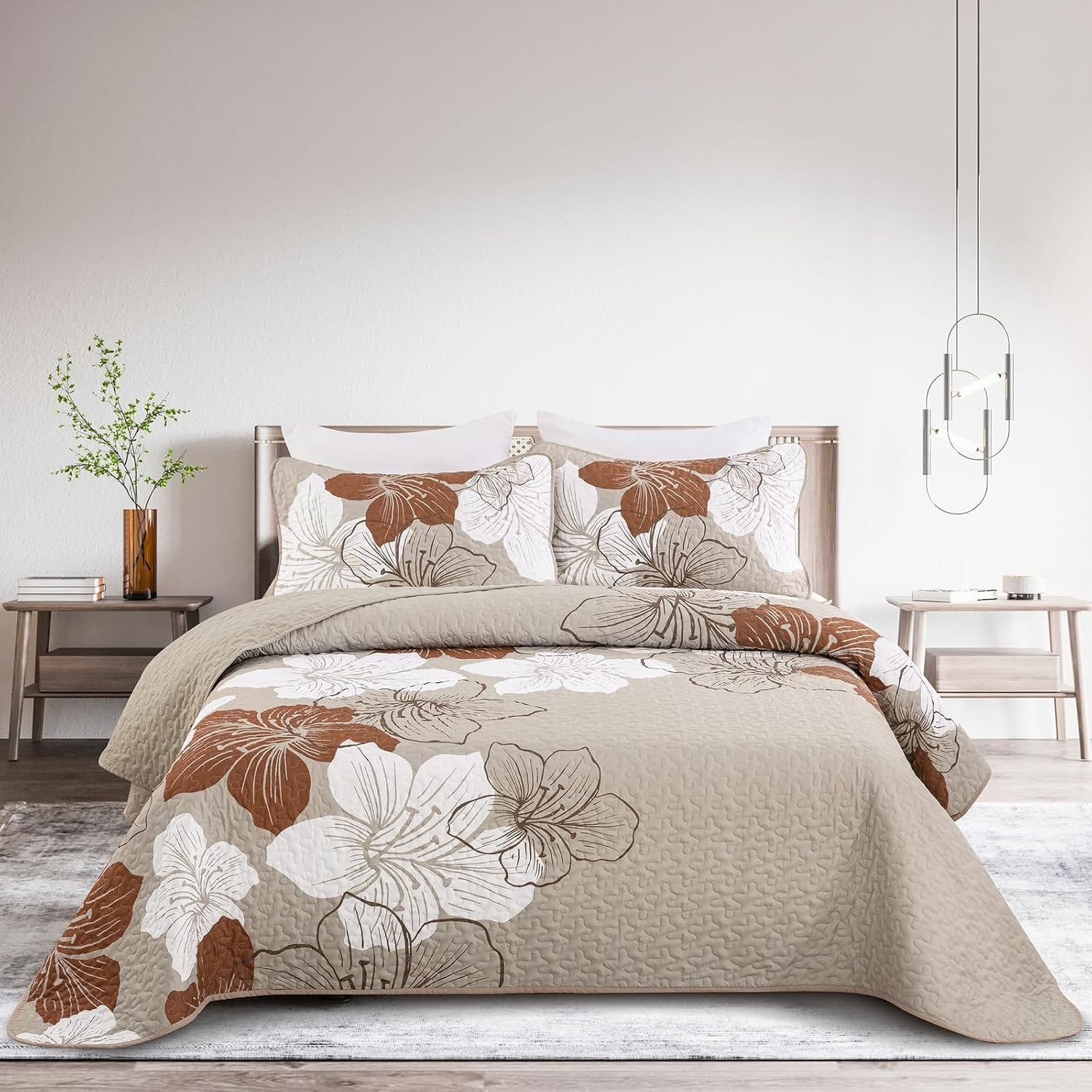 Taupe Floral Bedspread Set 230x250cm