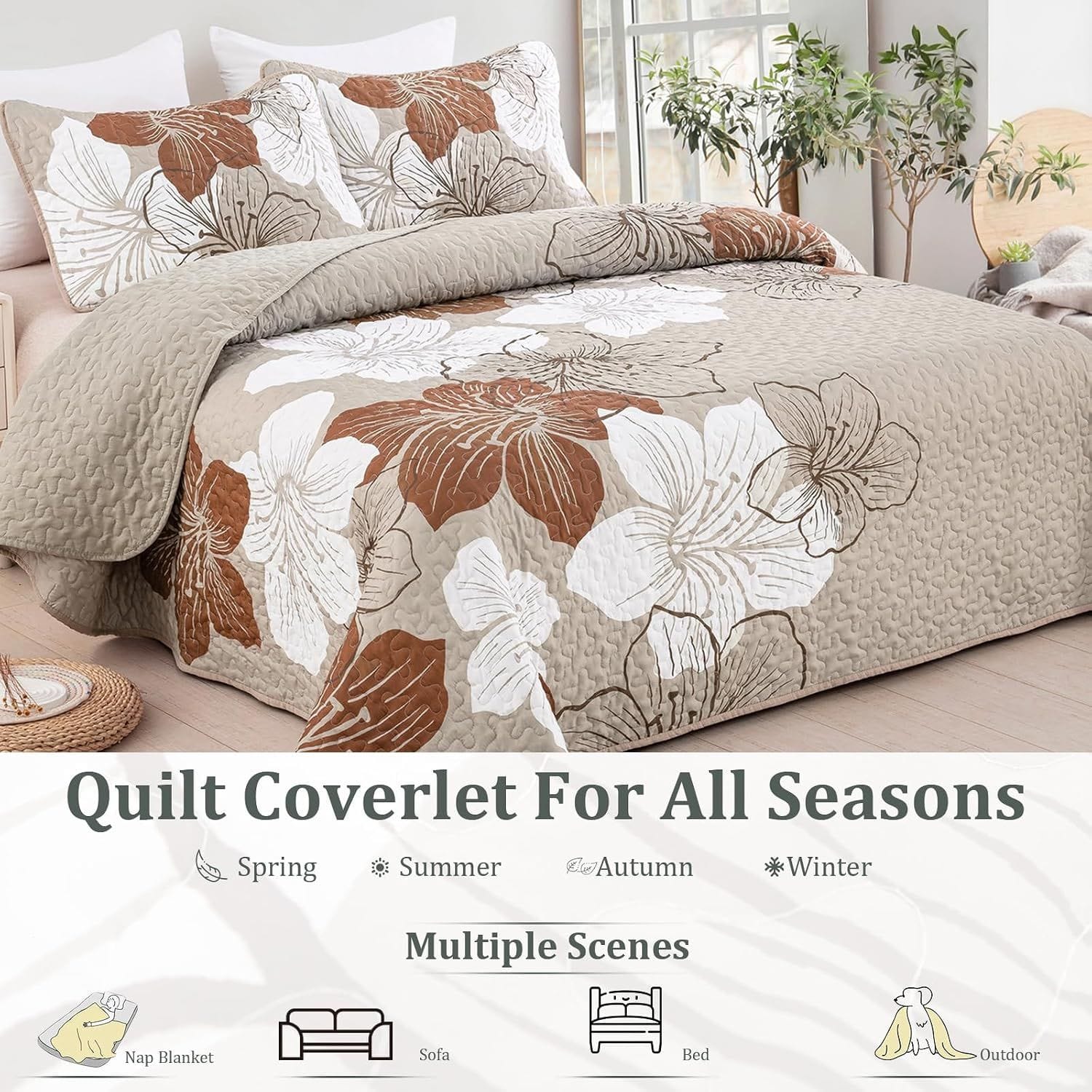 Taupe Floral Bedspread Set 230x250cm