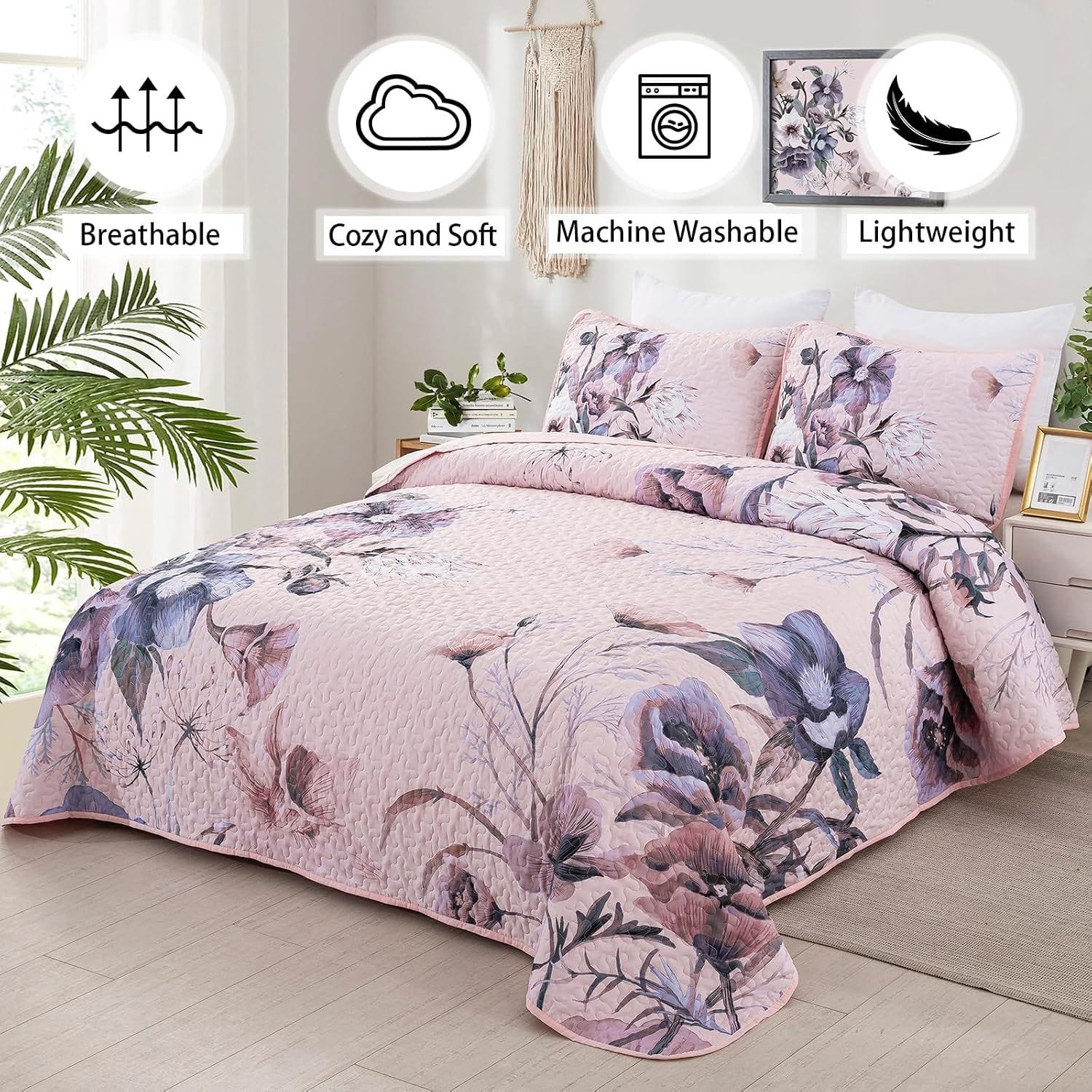 Pink Floral Bedspread Set 230x250cm