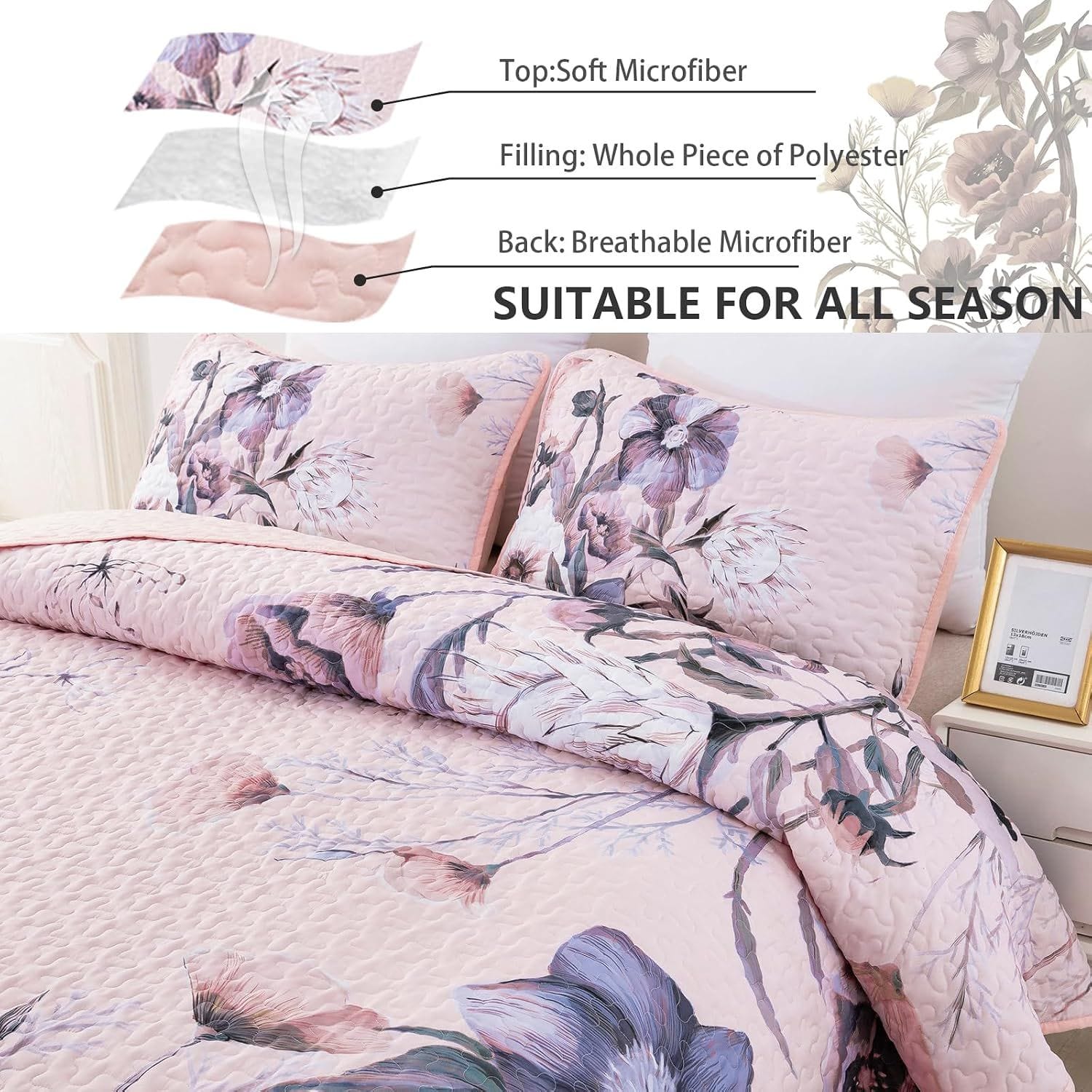 Pink Floral Bedspread Set 230x250cm