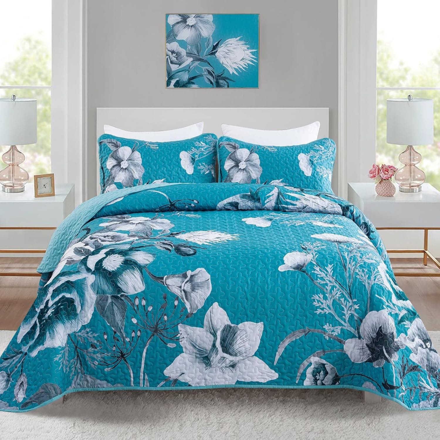 Blue Floral Bedspread Set 230x250cm