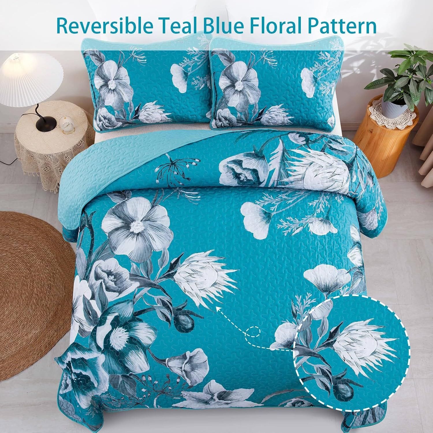 Blue Floral Bedspread Set 230x250cm