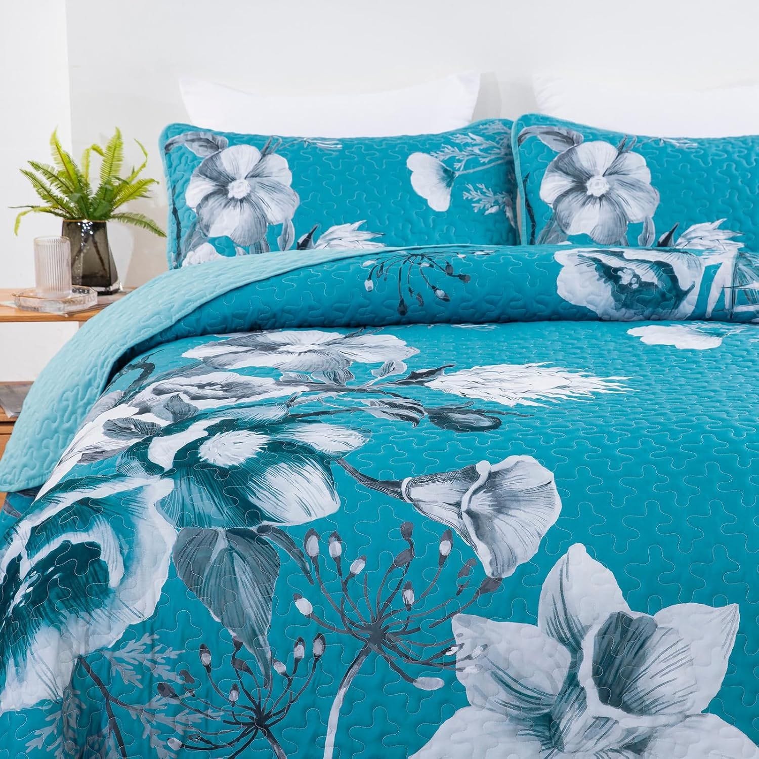 Blue Floral Bedspread Set 230x250cm