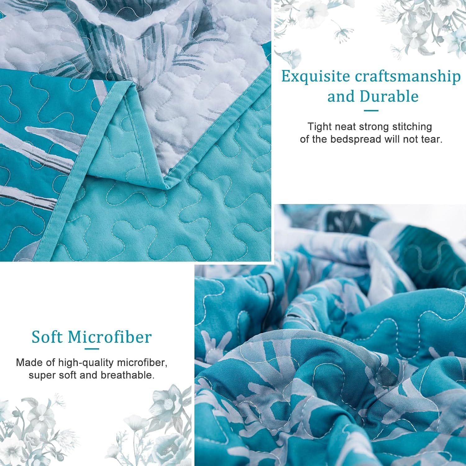 Blue Floral Bedspread Set 230x250cm