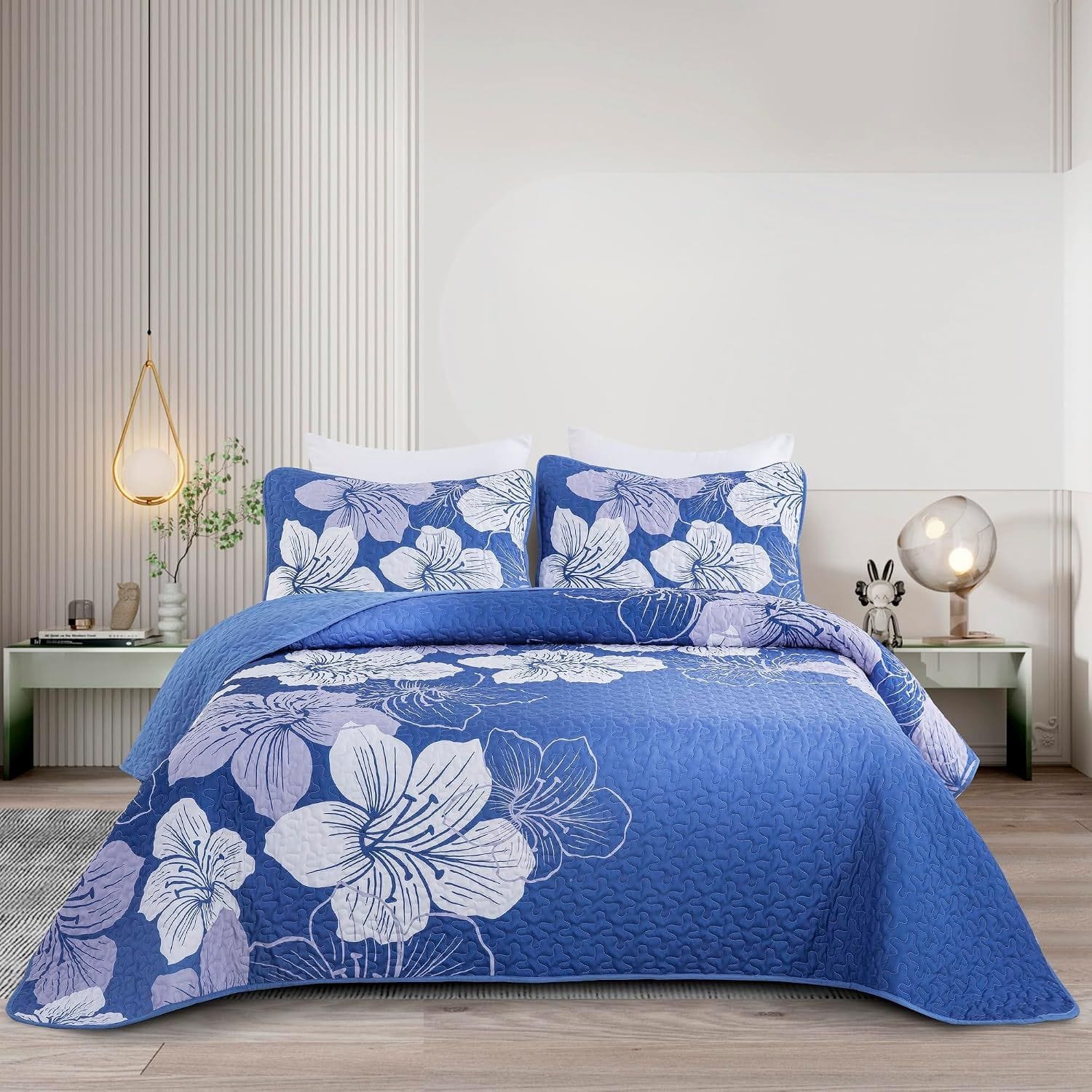 Boho Bedspread Set Blue Floral 230x250cm