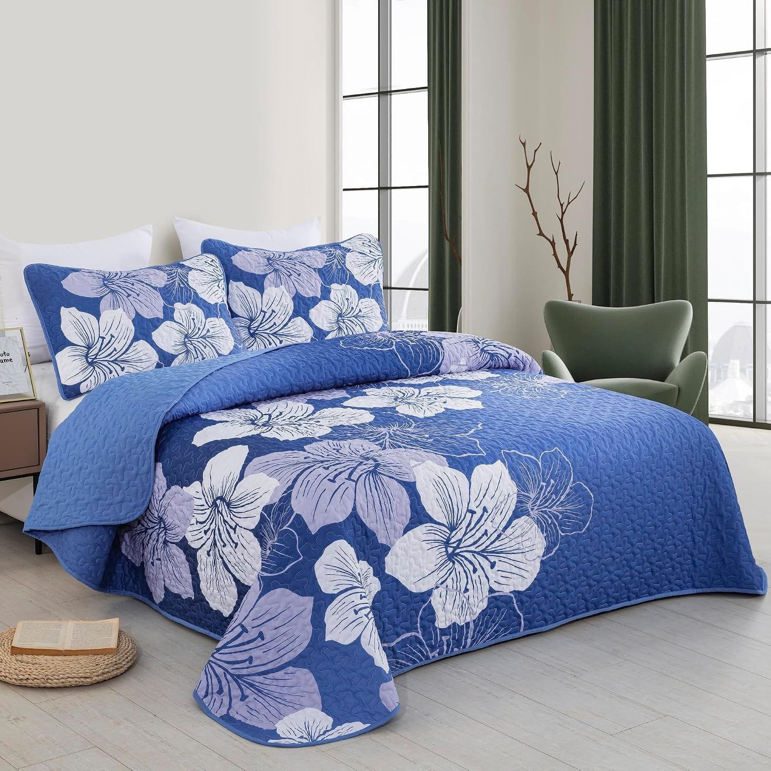 Boho Bedspread Set Blue Floral 230x250cm