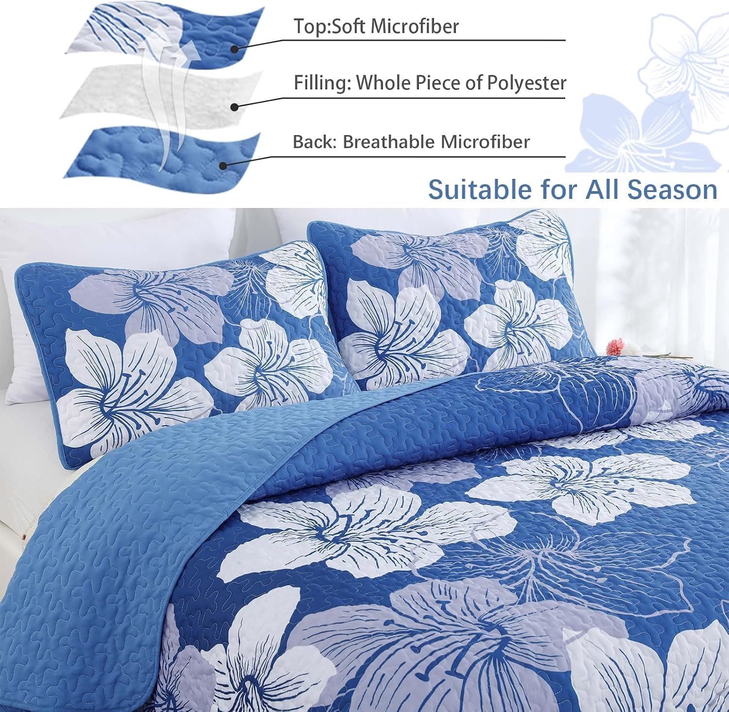 Boho Bedspread Set Blue Floral 230x250cm