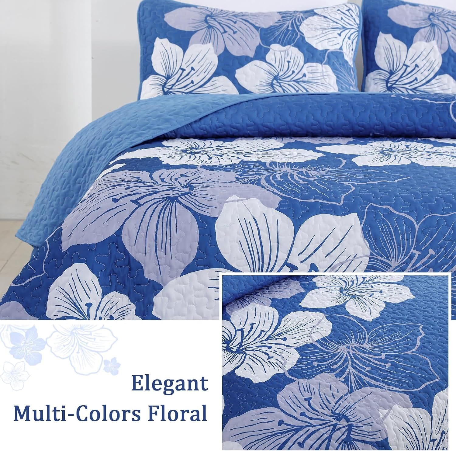 Boho Bedspread Set Blue Floral 230x250cm