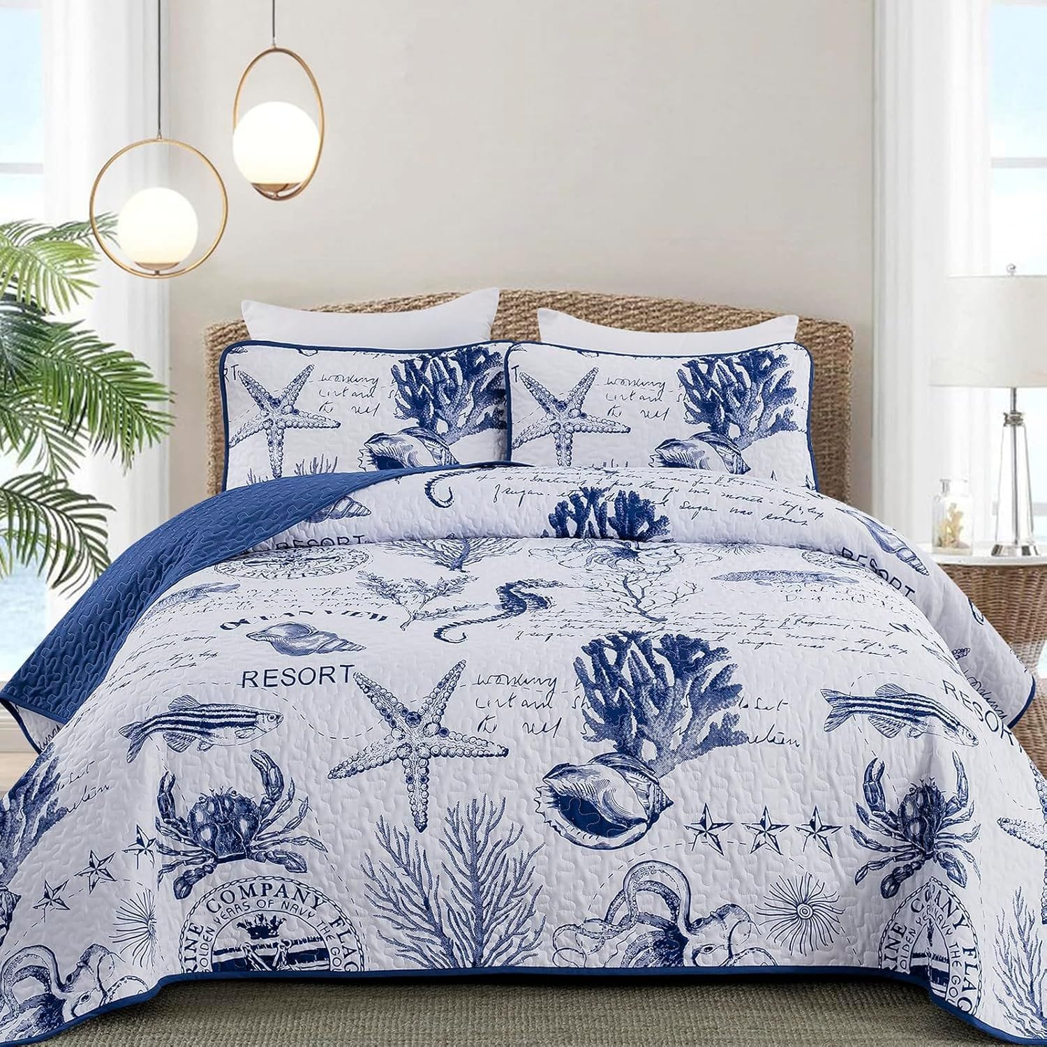 Navy Bedspread Set Coastal 230x250cm