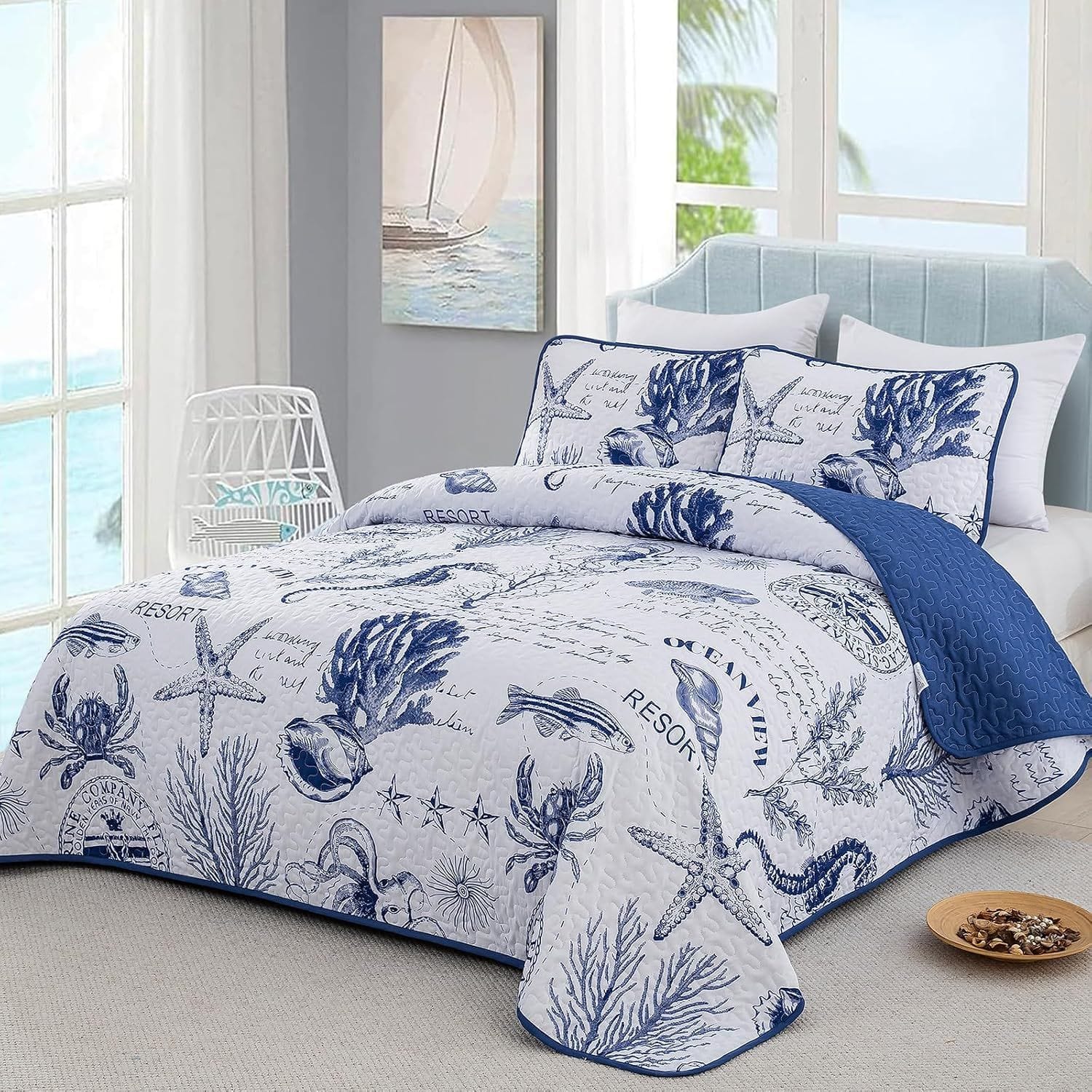 Navy Bedspread Set Coastal 230x250cm