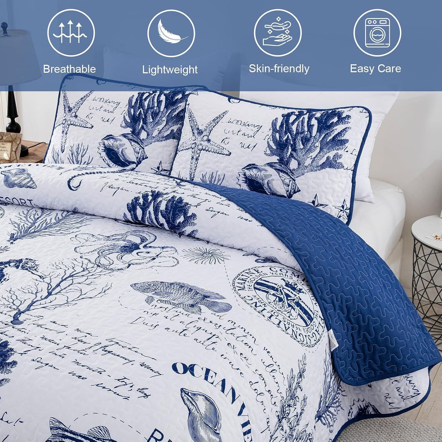 Navy Bedspread Set Coastal 230x250cm