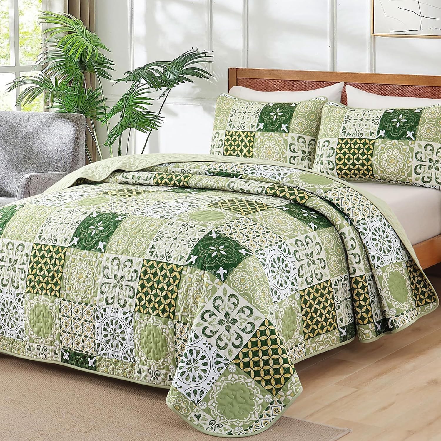 Green Plaid Bedspread Set 230x250cm