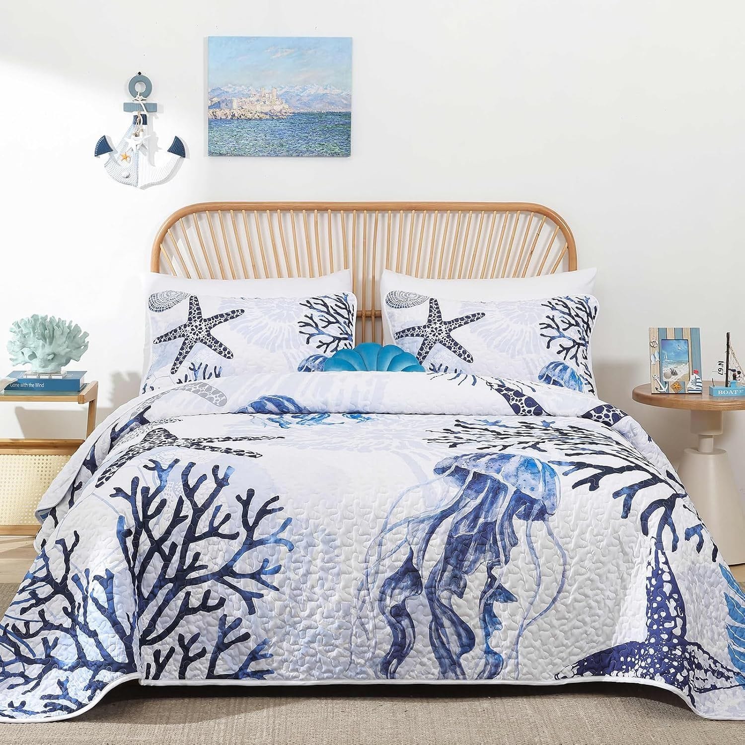 Blue Coastal Bedspread Set 230x250cm