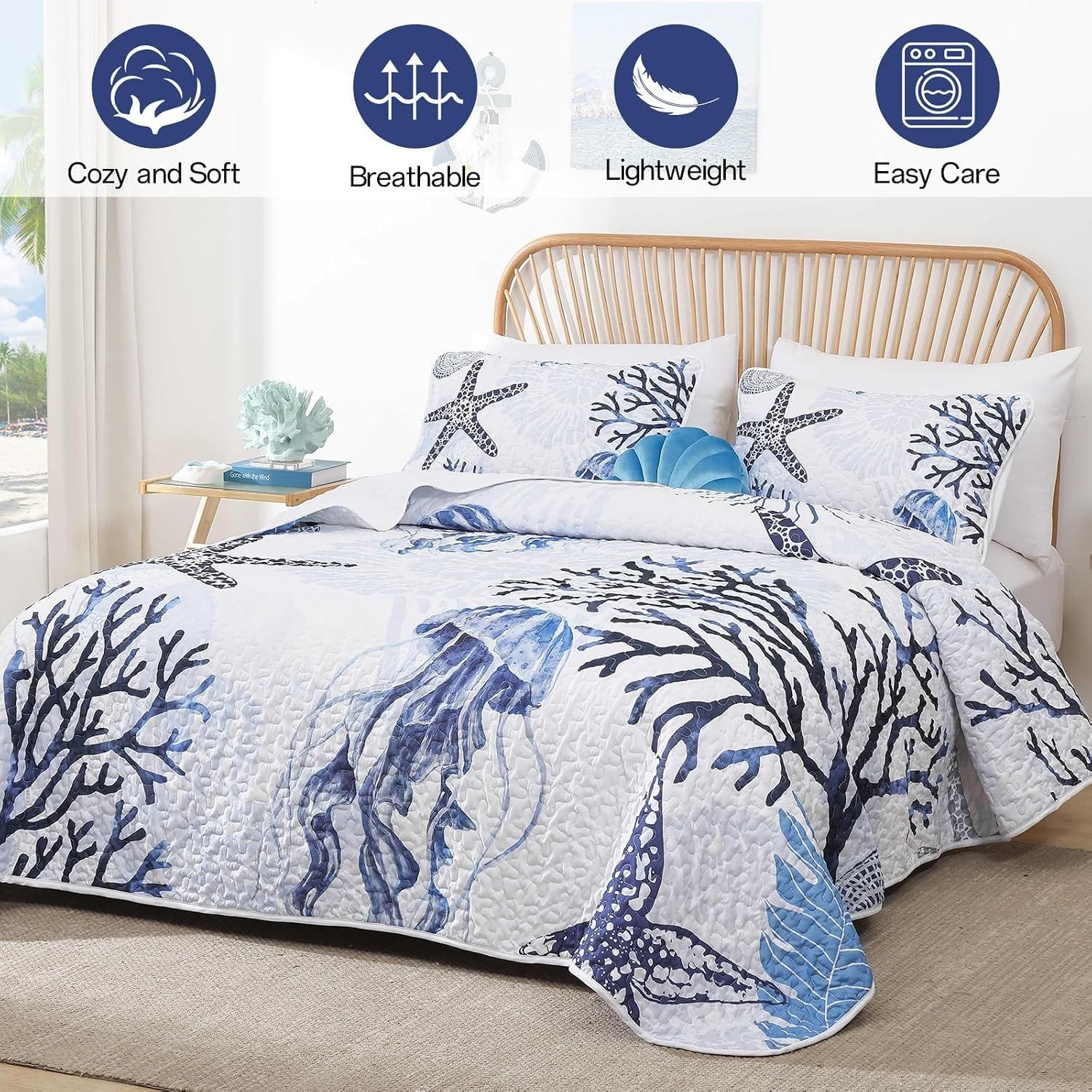 Blue Coastal Bedspread Set 230x250cm