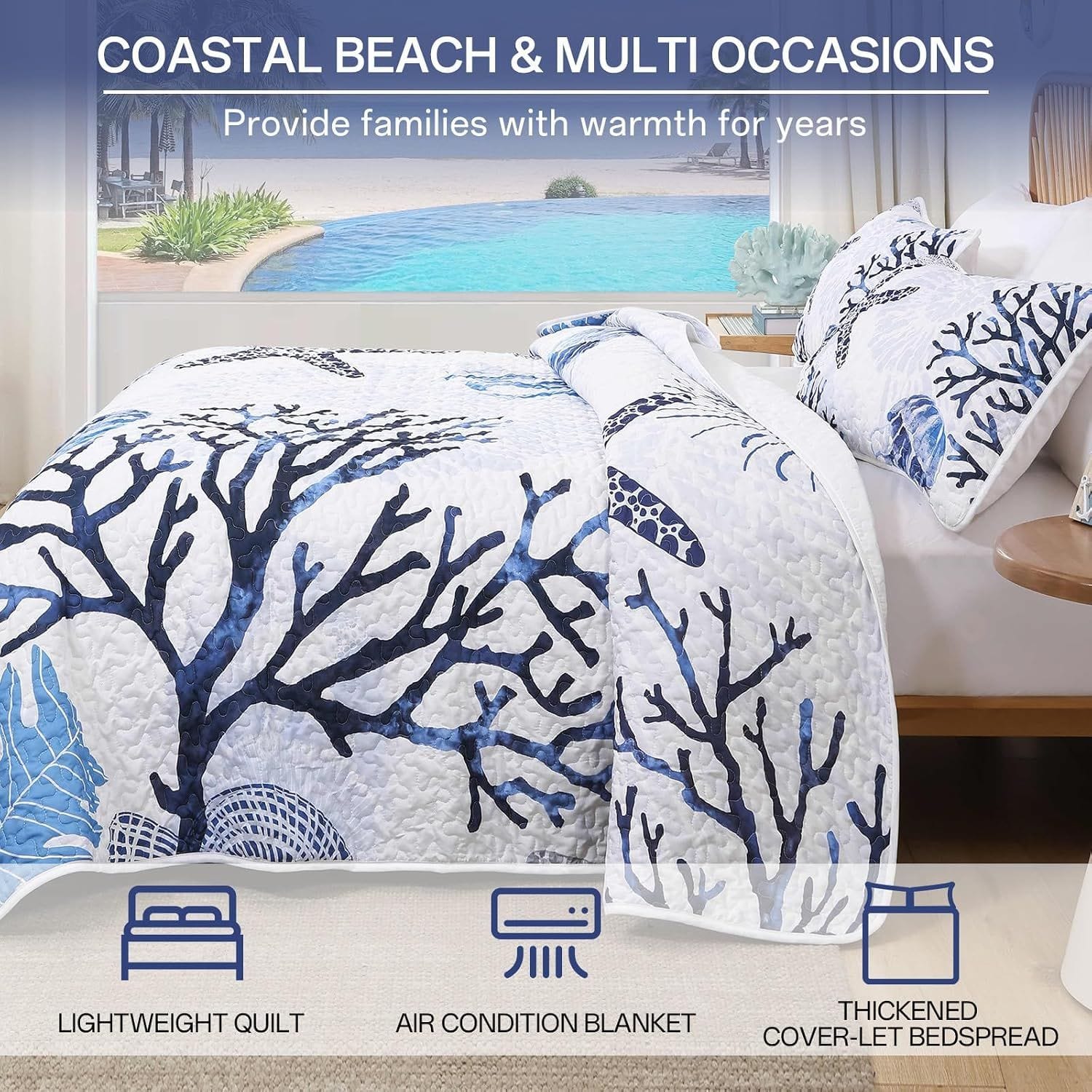 Blue Coastal Bedspread Set 230x250cm