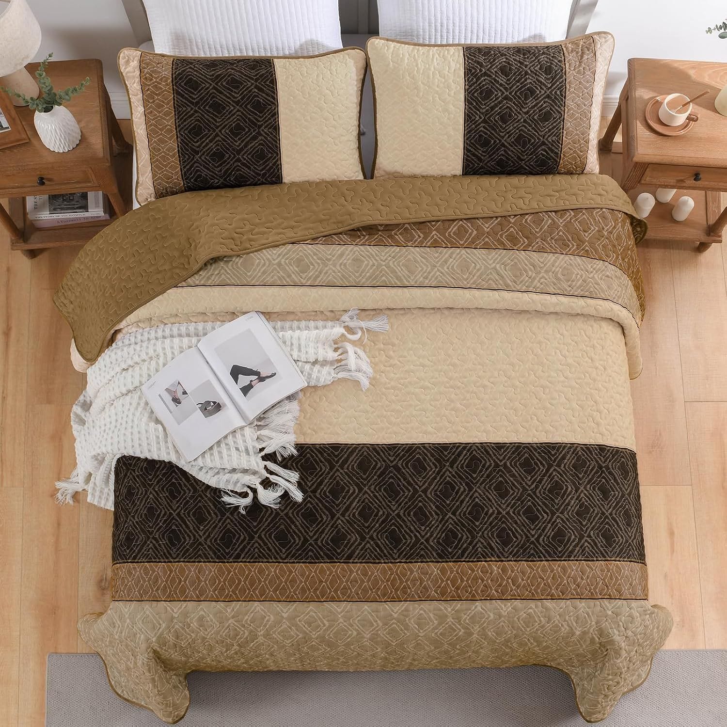 Brown Plaid Bedspread Set 230x250cm