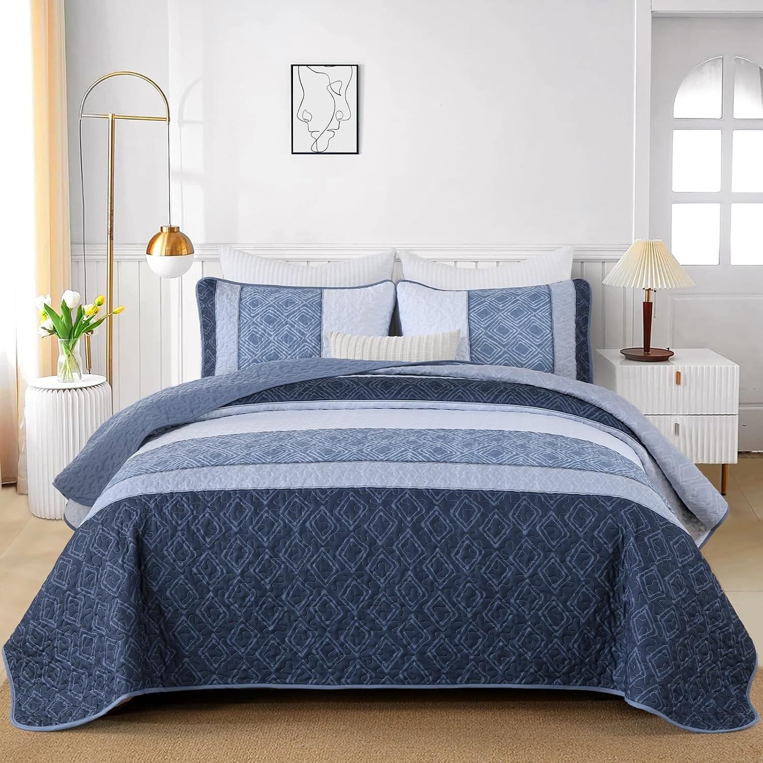 Blue Stripe Bedspread Set 230x250cm