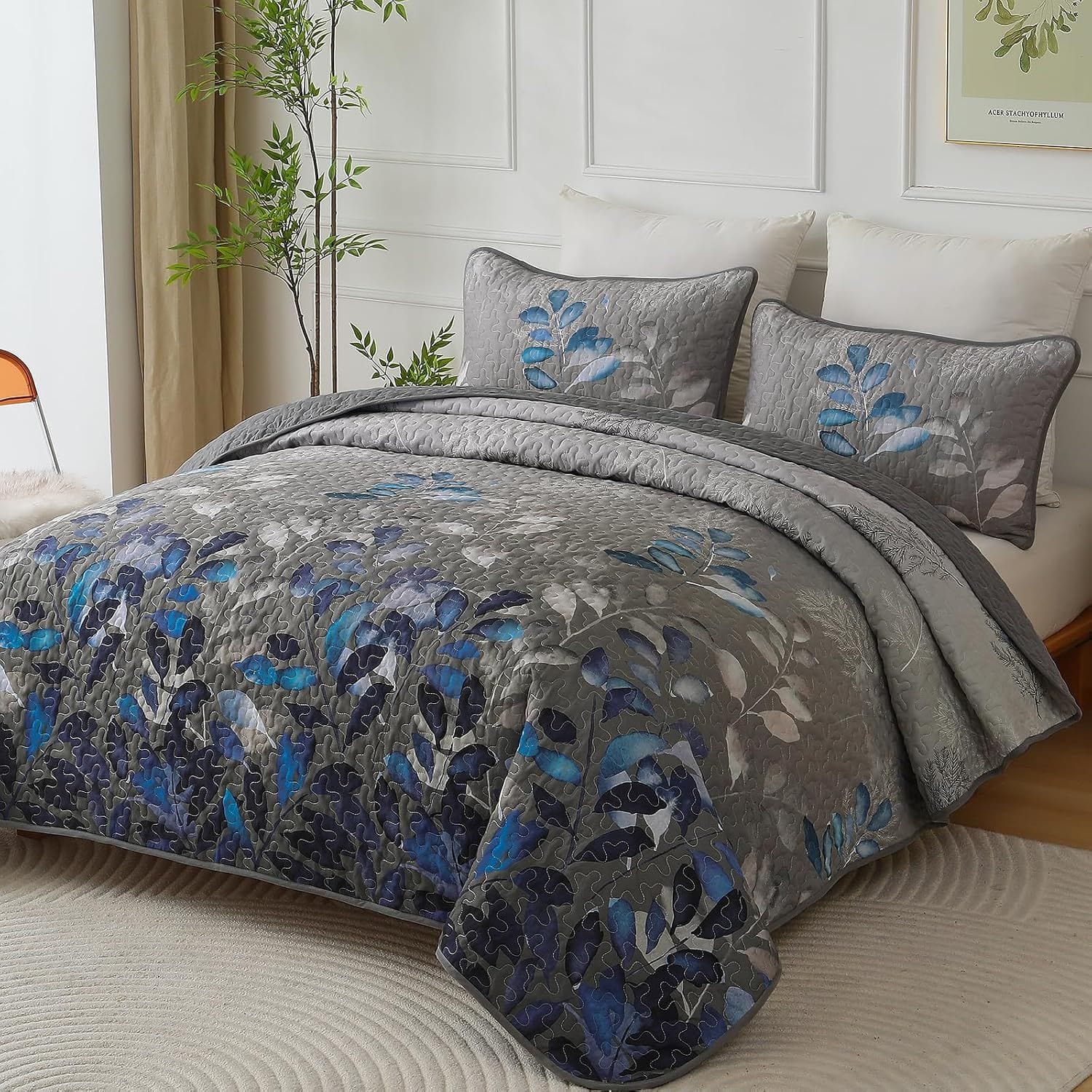 Grey Floral Bedspread Set 230x250cm