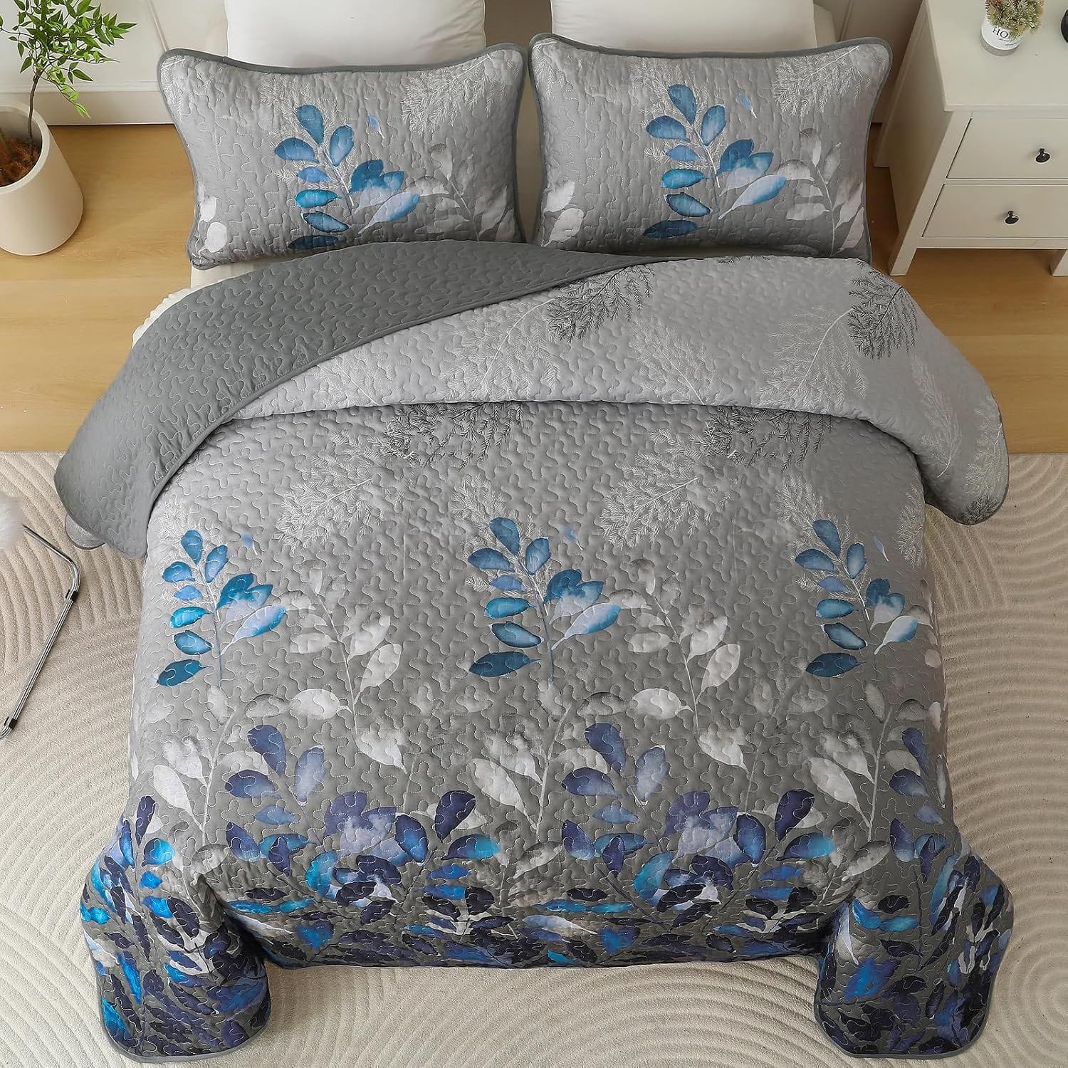 Grey Floral Bedspread Set 230x250cm