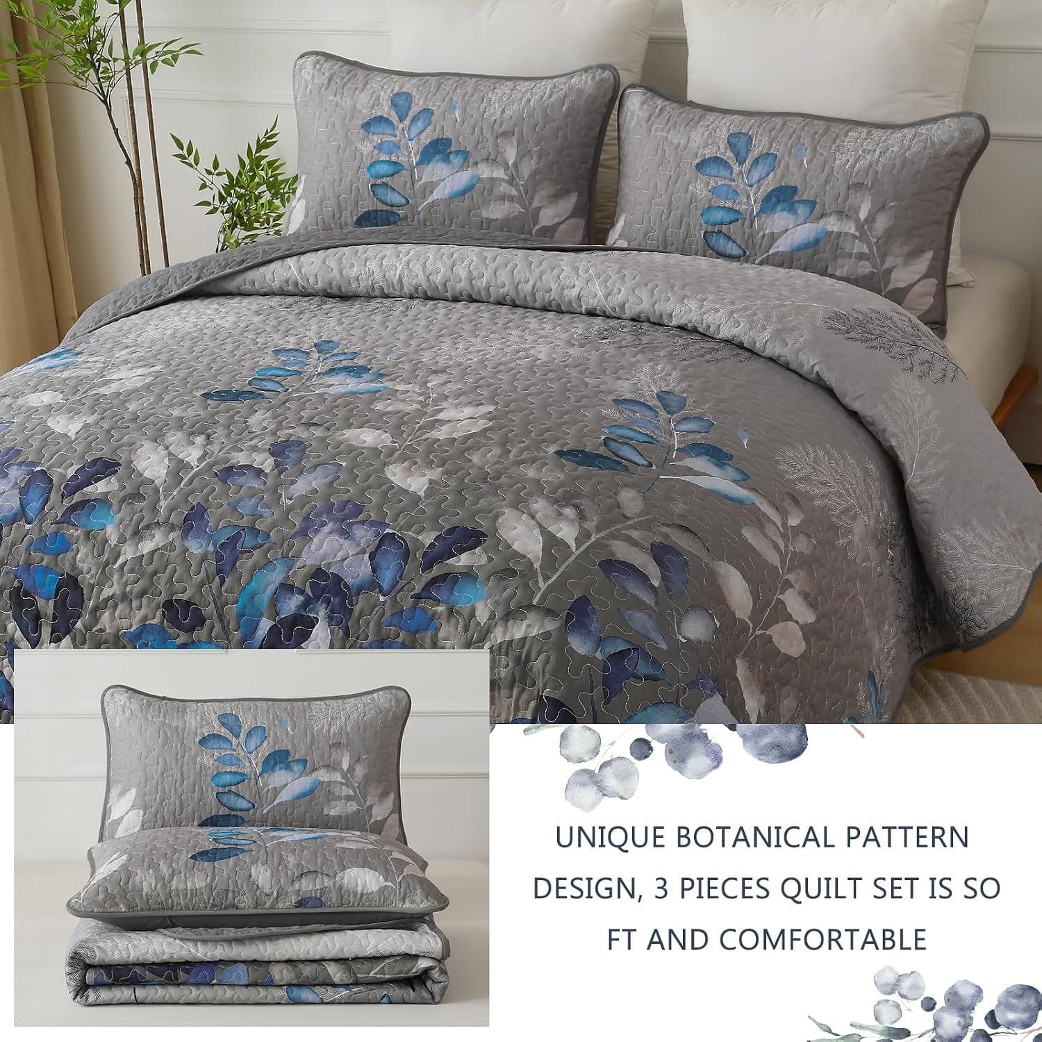 Grey Floral Bedspread Set 230x250cm
