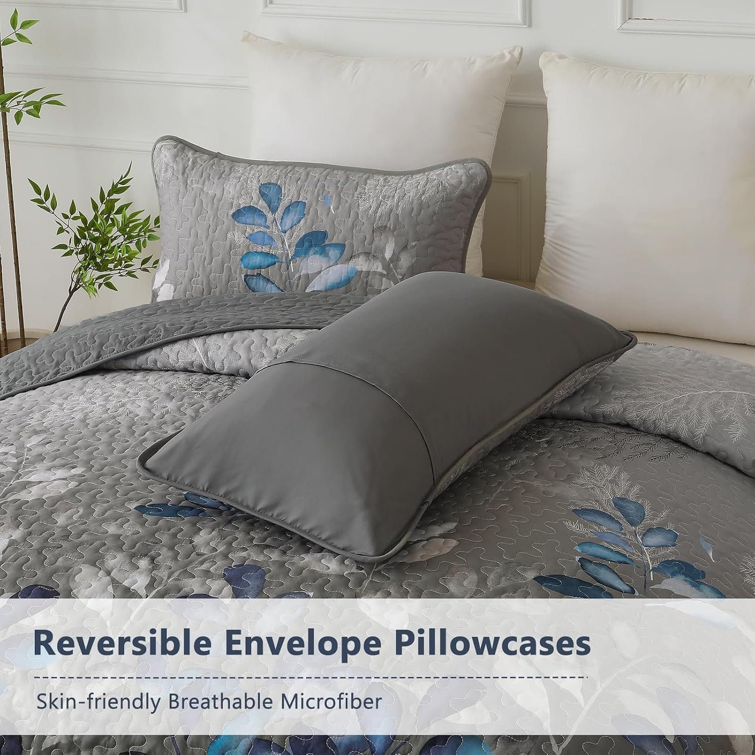 Grey Floral Bedspread Set 230x250cm