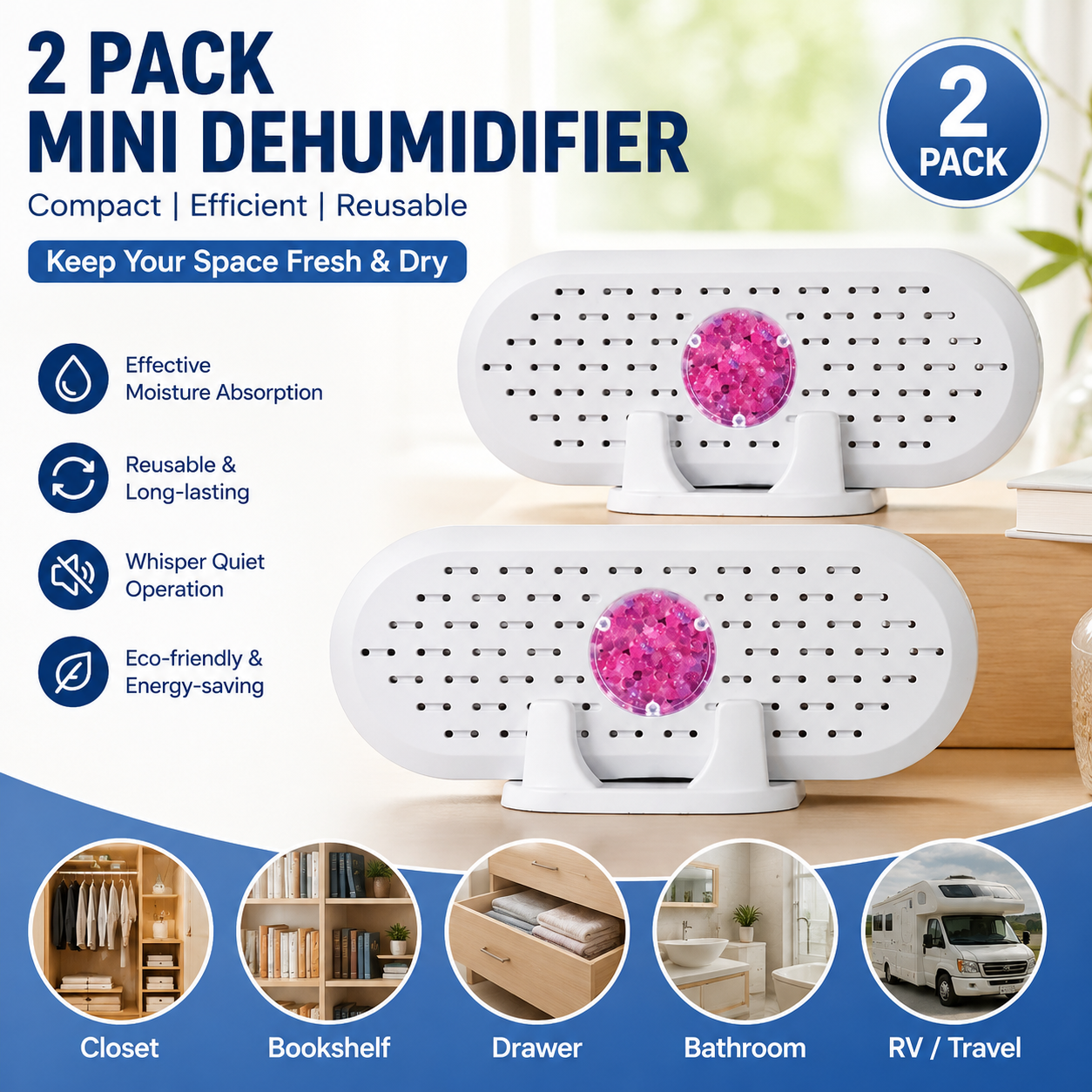 Mini Rechargeable Dehumidifier 2 Pack | Simpledeals