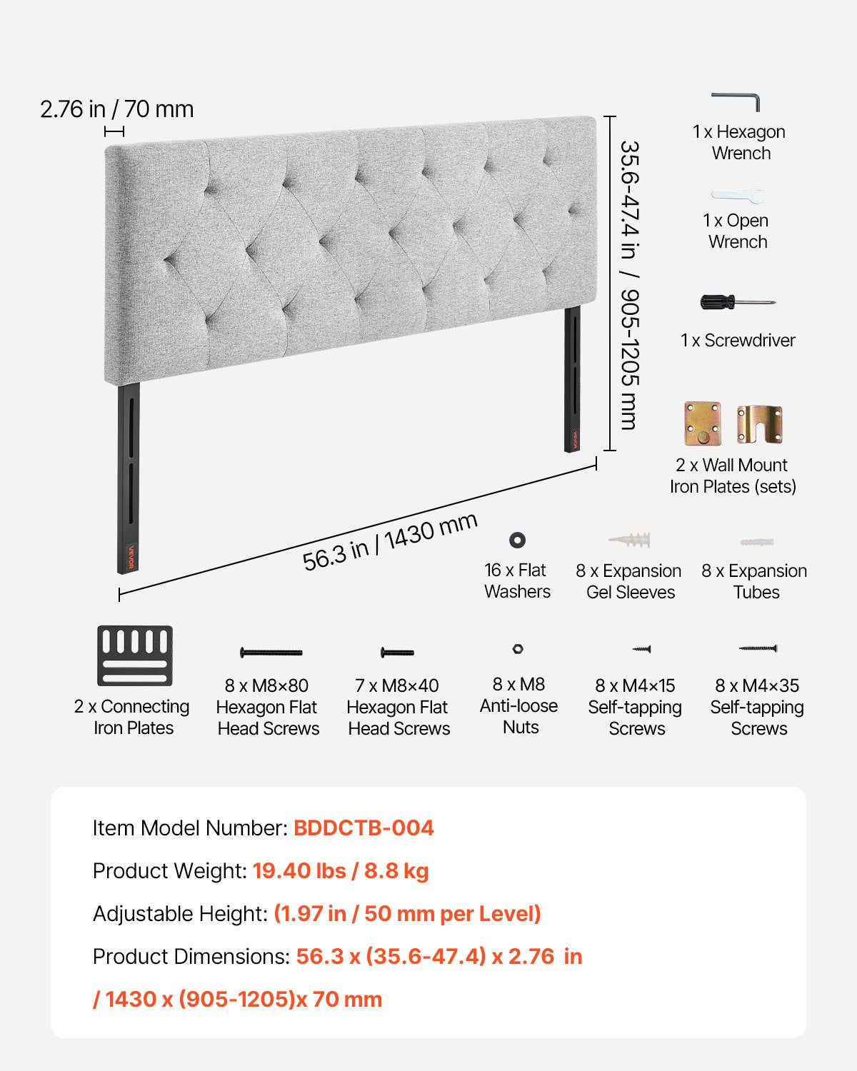 Headboard Full Size Headboard With Adjustable Height Comfortable, Beds & Bed Frames