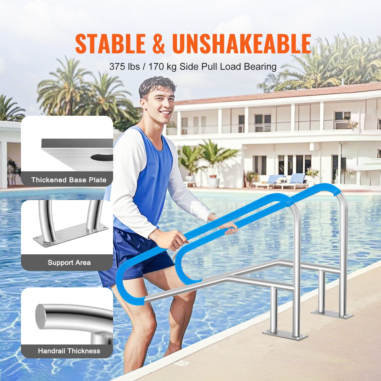 Pool Handrail 2 Pcs 55 X 32 Inch Stainless Steel With Base Plate For