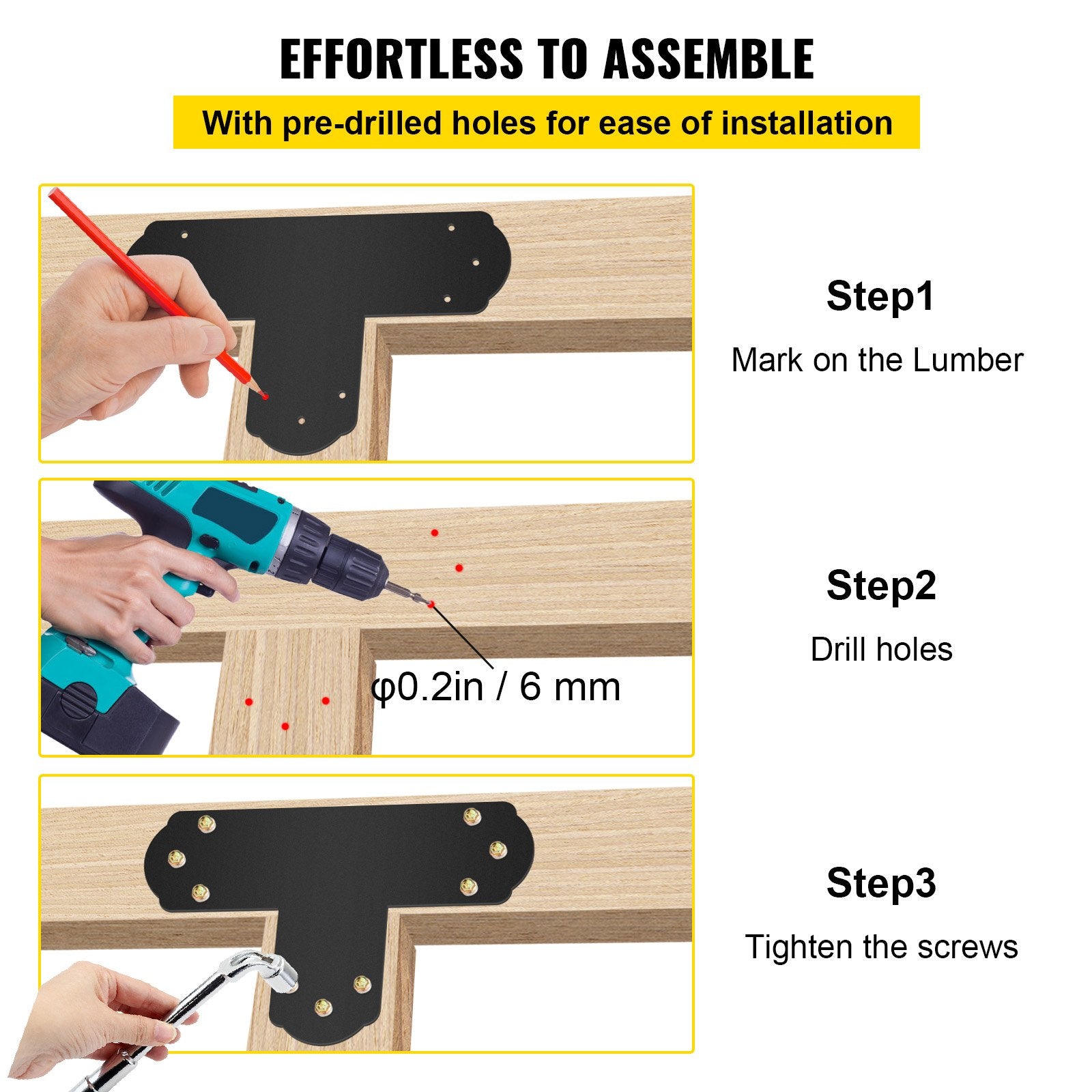 Black T Mending Plate T-Shape 8 Pcs 6 Flat Connector Post To Beam | Black colour