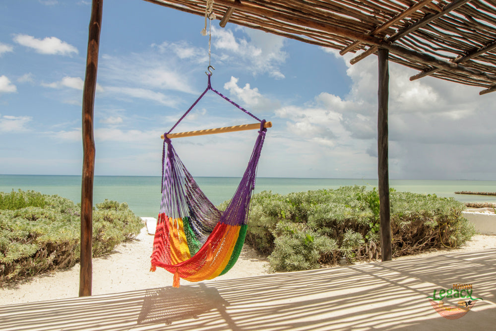 Extra Large Outdoor Cotton Mexican Hammock Chair In Rainbow Colour
