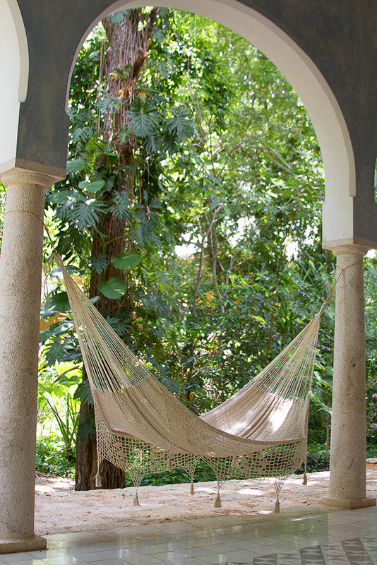 Deluxe Outdoor Mexican Cream - Cotton Hammock With Crocheted Tassels - King Size Marble