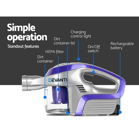 Sleek Devanti Cordless Vacuum Cleaner - 150W Purple - Stick Vacuums