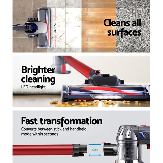 Sleek Red Cordless Stick Vacuum Cleaner - 150W - Devanti Handheld Handstick Vac