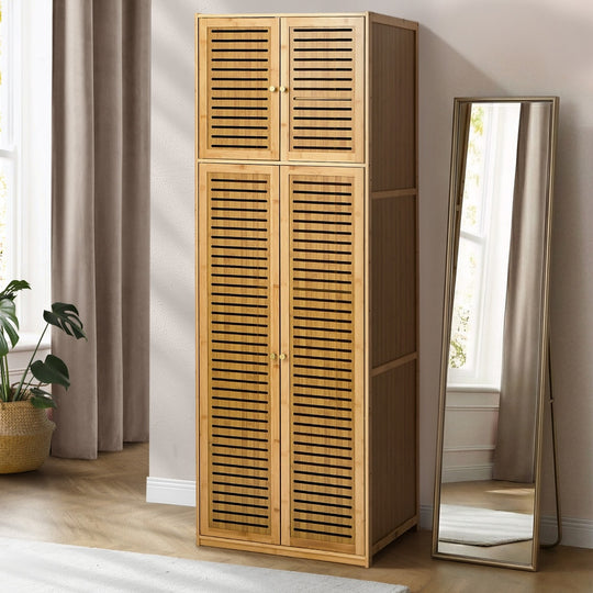 Bamboo Wardrobe 4 Door Storage Cabinet Hanging Rod