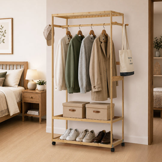 Bamboo Clothes Rack Open Wardrobe 2 Shelves - Wardrobe