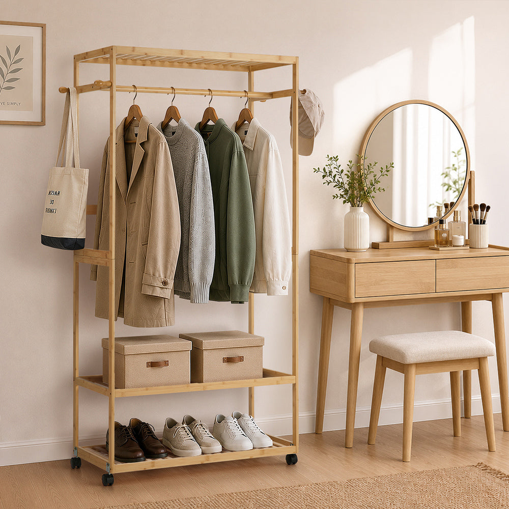 Bamboo Clothes Rack Open Wardrobe 2 Shelves | Simpledeals
