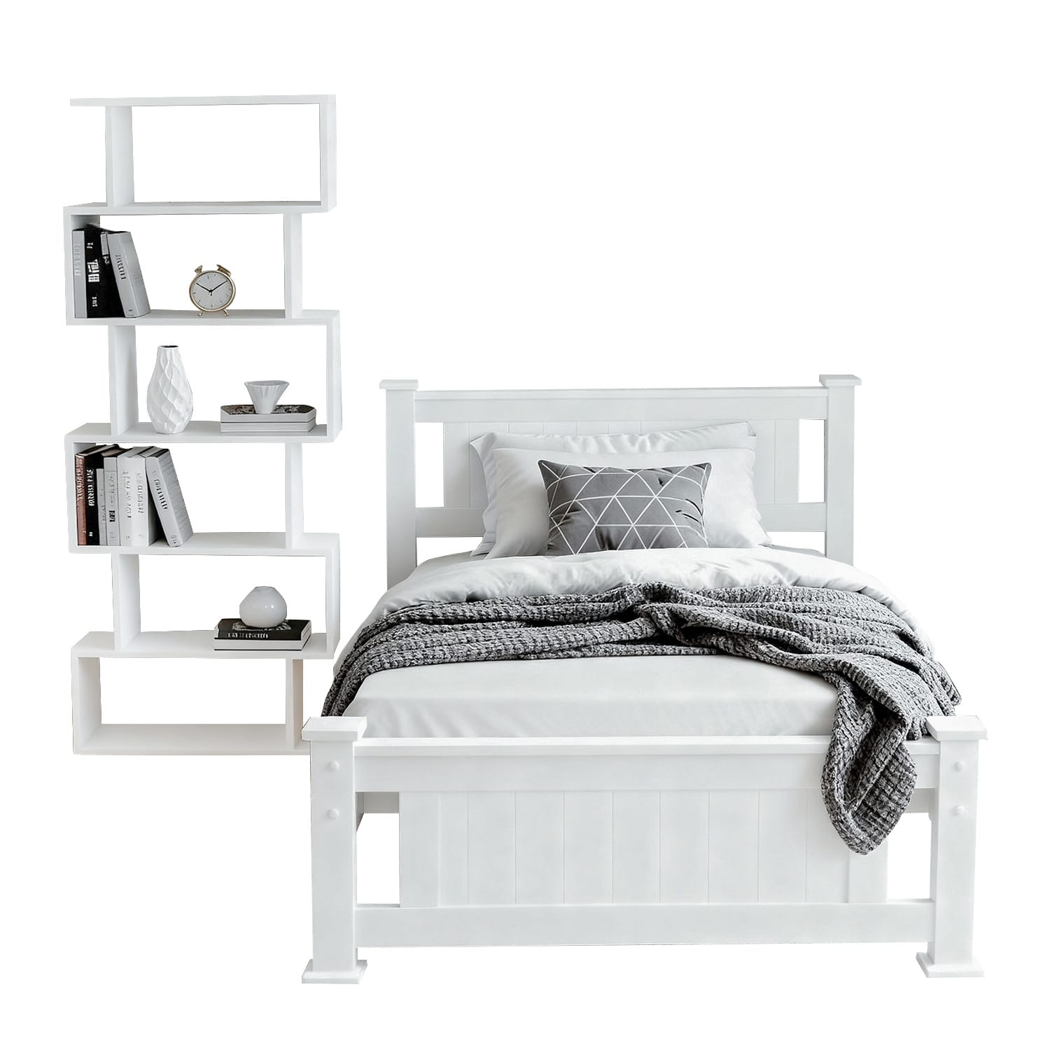 King Single Bed Frame Bookshelf 216x118x94cm