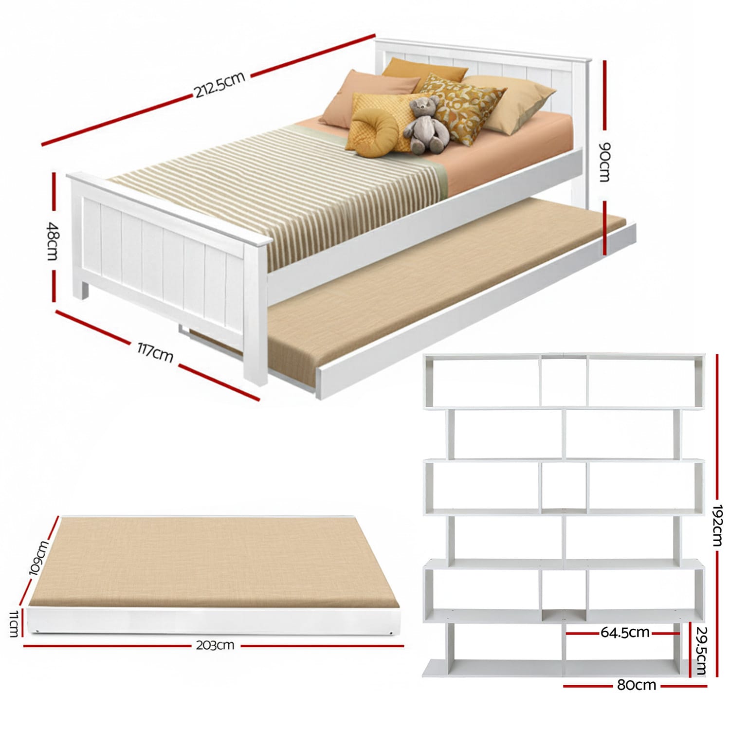 King Single Bed Frame Bookshelf 212.5x117x90cm