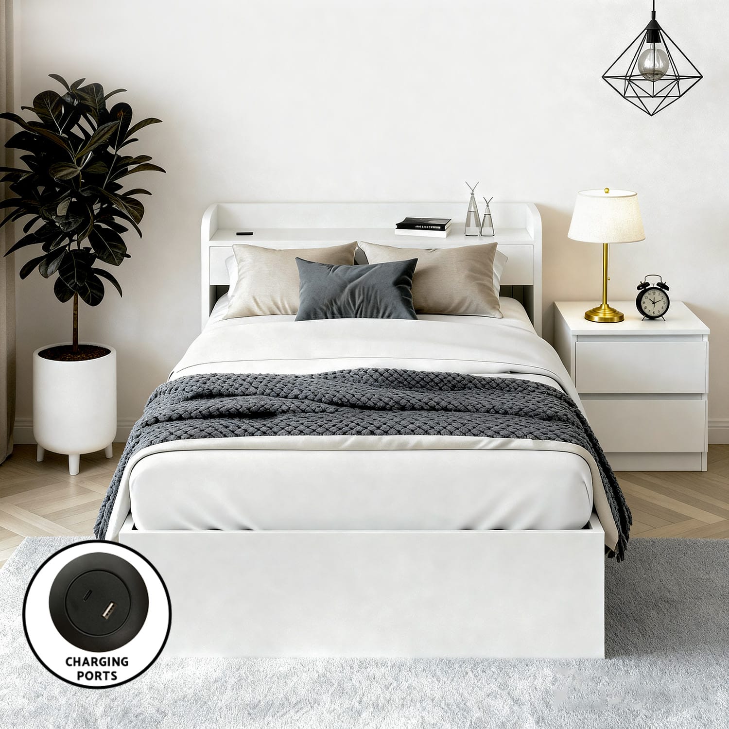 Plywood Bed Frame - White 211x96x70cm