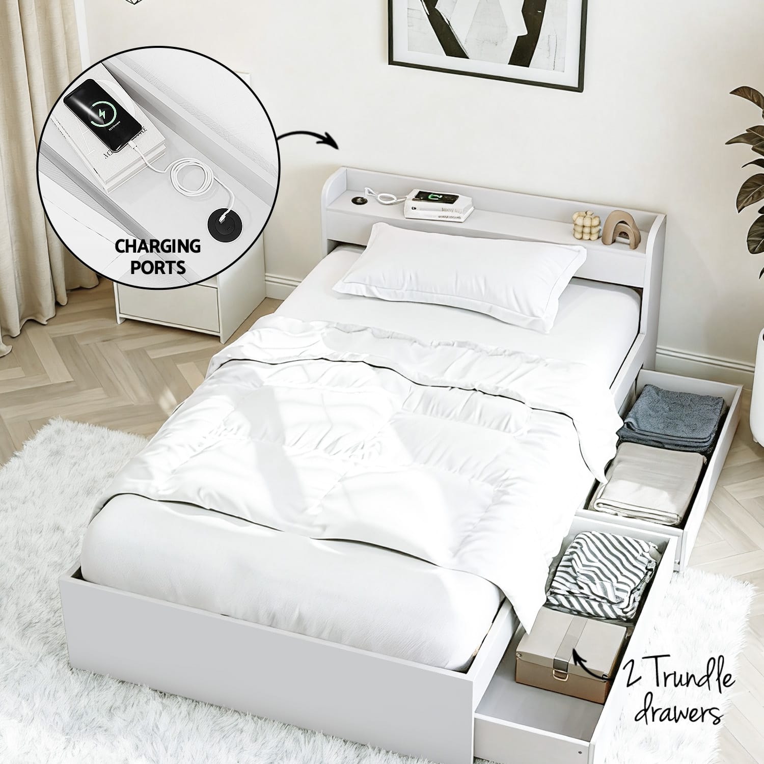 Plywood Bed Frame - White 211x96x70cm