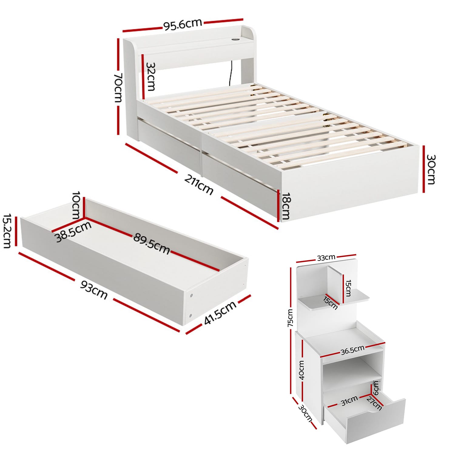 Single Bed Frame With Storage 211x96x70cm